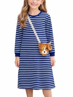 Girls Puppy Dog Pocket Cute Long Sleeve Stripe Dress Size 9 NWOT
